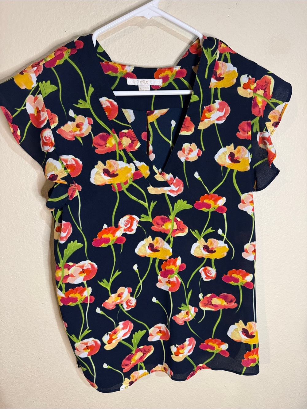 Navy Floral V-Neck Flutter Sleeve Blouse